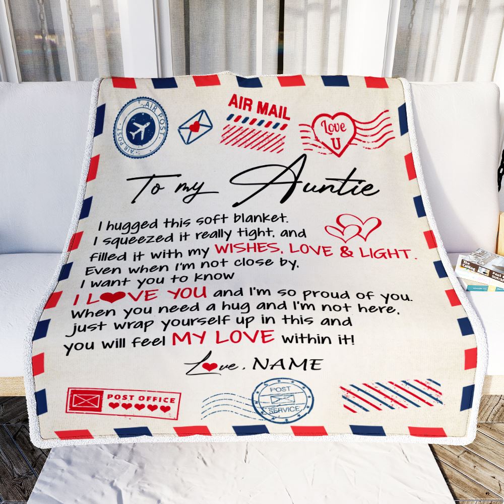 Personalized To My Auntie Blanket From Niece Nephew Air Mail Letter I Love You Auntie Birthday Mothers Day Christmas Customized Fleece Throw Blanket | teecentury