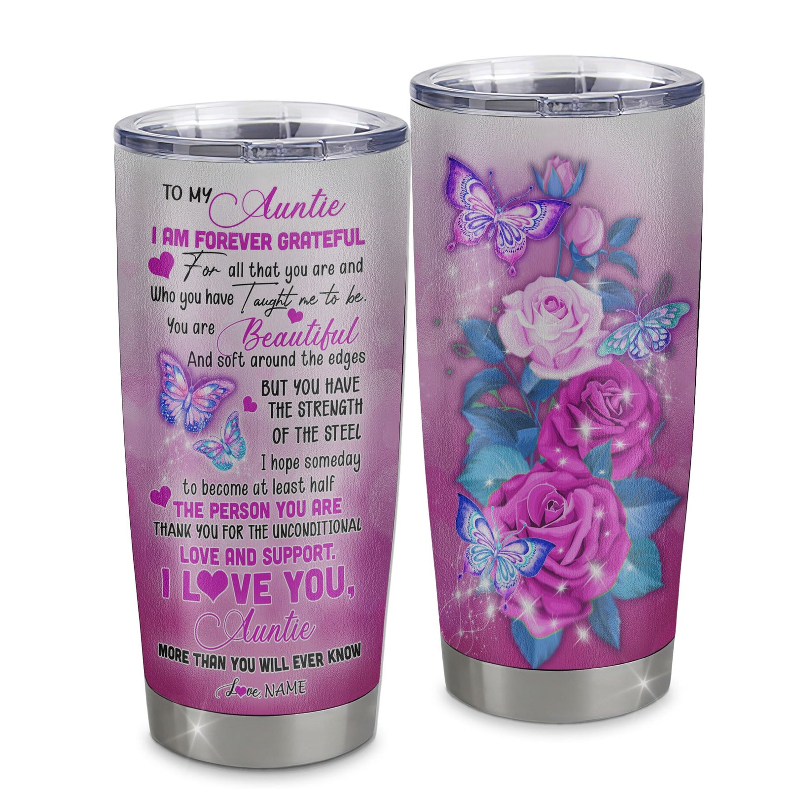 Personalized To My Auntie From Niece Nephew Stainless Steel Tumbler Cup Butterfly I Am Forever GrateFul Auntie Mothers Day Birthday Christmas Travel Mug | teecentury