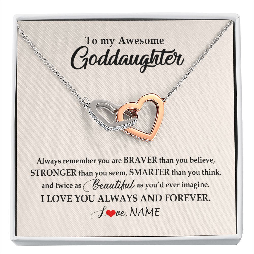 Interlocking Hearts Necklace | Personalized To My Awesome Goddaughter Necklace From Godmother I Love You Always And Forever Goddaughter Birthday Christmas Customized Gift Box Message Card | teecentury