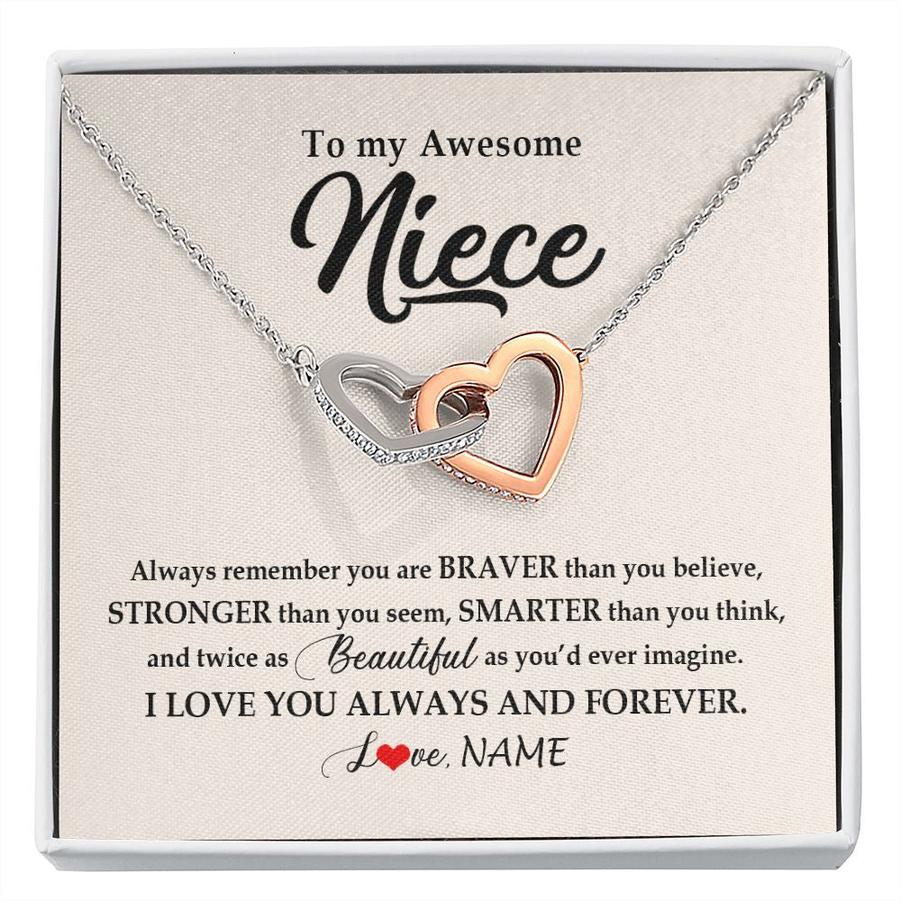 Interlocking Hearts Necklace | Personalized To My Awesome Niece Necklace From Aunt Uncle I Love You Always And Forever Niece Jewelry Birthday Christmas Customized Gift Box Message Card | teecentury