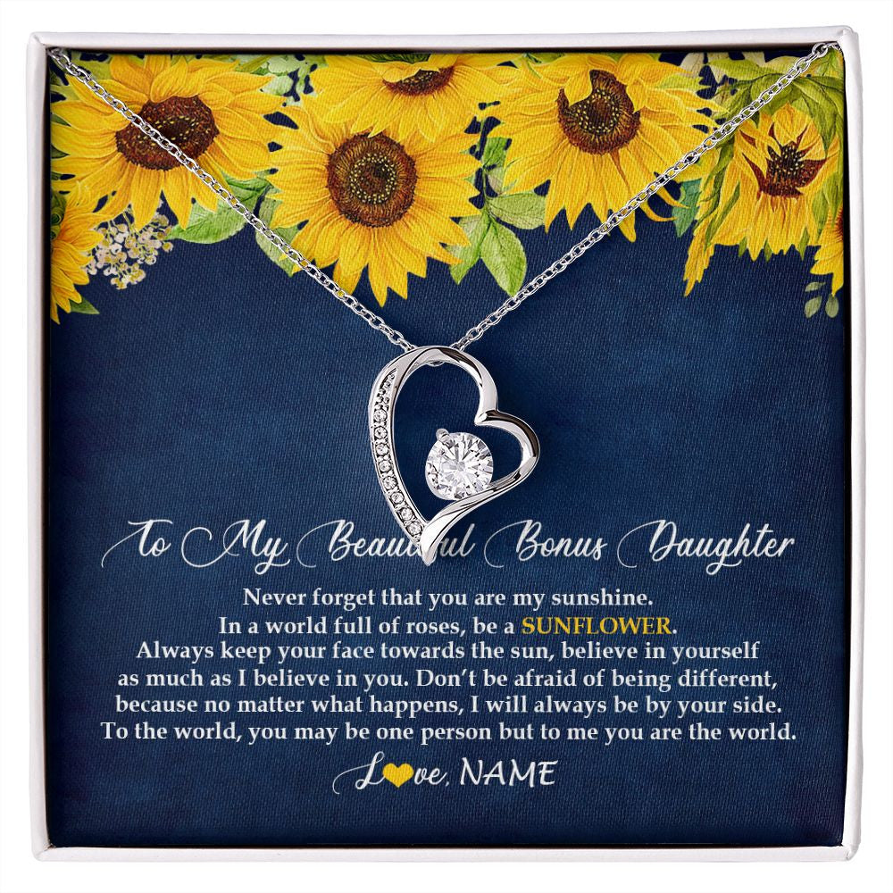 Forever Love Necklace | Personalized To My Beautiful Bonus Daughter Necklace From Mom Be A Sunflower My Sunshine Stepdaughter Birthday Christmas Customized Gift Box Message Card | teecentury