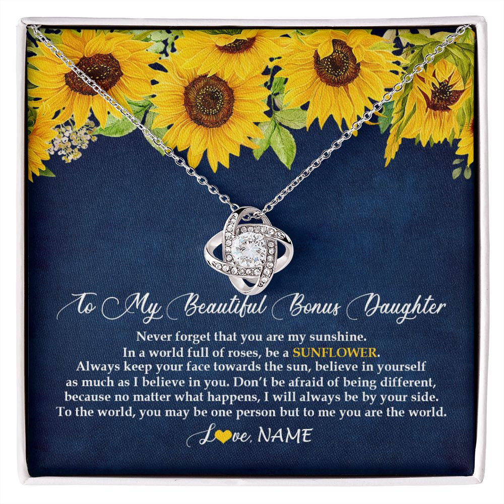 Love Knot Necklace | Personalized To My Beautiful Bonus Daughter Necklace From Mom Be A Sunflower My Sunshine Stepdaughter Birthday Christmas Customized Gift Box Message Card | teecentury
