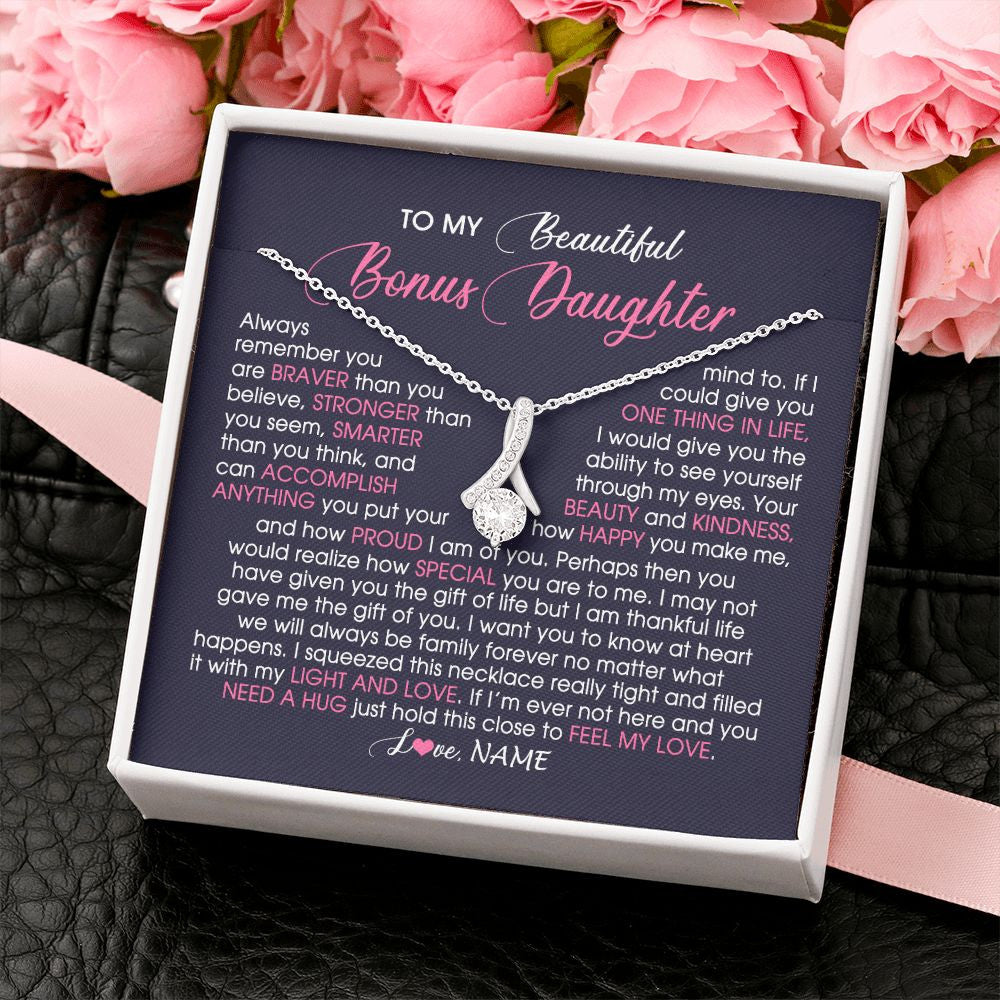 Alluring Beauty Necklace | Personalized To My Beautiful Bonus Daughter Necklace From Stepmom Feel My Love Stepdaughter Birthday Christmas Graduation Customized Gift Box Message Card | teecentury