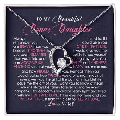 Forever Love Necklace | Personalized To My Beautiful Bonus Daughter Necklace From Stepmom Feel My Love Stepdaughter Birthday Christmas Graduation Customized Gift Box Message Card | teecentury