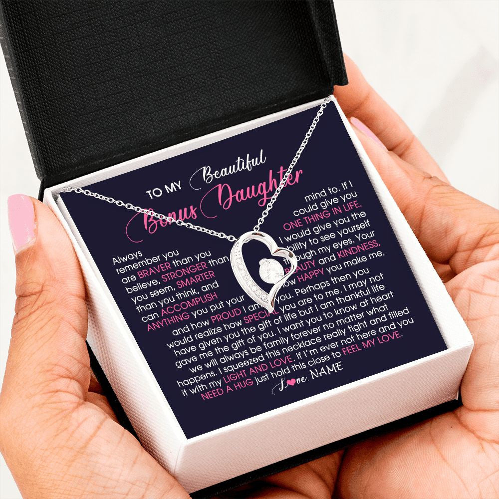 Forever Love Necklace | Personalized To My Beautiful Bonus Daughter Necklace From Stepmom Feel My Love Stepdaughter Birthday Christmas Graduation Customized Gift Box Message Card | teecentury