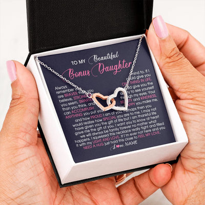 Interlocking Hearts Necklace | Personalized To My Beautiful Bonus Daughter Necklace From Stepmom Feel My Love Stepdaughter Birthday Christmas Graduation Customized Gift Box Message Card | teecentury