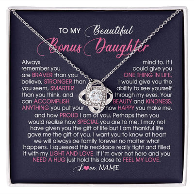 Love Knot Necklace | Personalized To My Beautiful Bonus Daughter Necklace From Stepmom Feel My Love Stepdaughter Birthday Christmas Graduation Customized Gift Box Message Card | teecentury