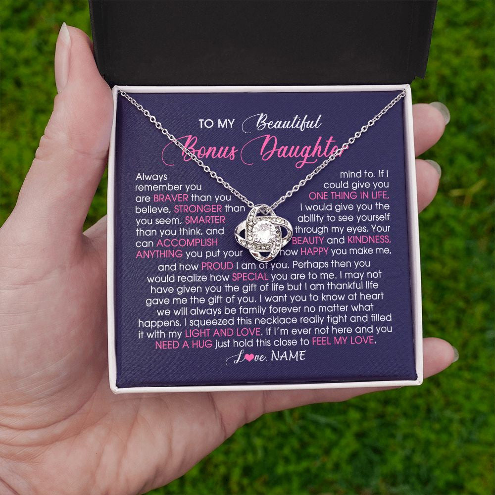 Love Knot Necklace | Personalized To My Beautiful Bonus Daughter Necklace From Stepmom Feel My Love Stepdaughter Birthday Christmas Graduation Customized Gift Box Message Card | teecentury