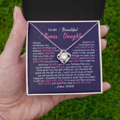 Love Knot Necklace | Personalized To My Beautiful Bonus Daughter Necklace From Stepmom Feel My Love Stepdaughter Birthday Christmas Graduation Customized Gift Box Message Card | teecentury