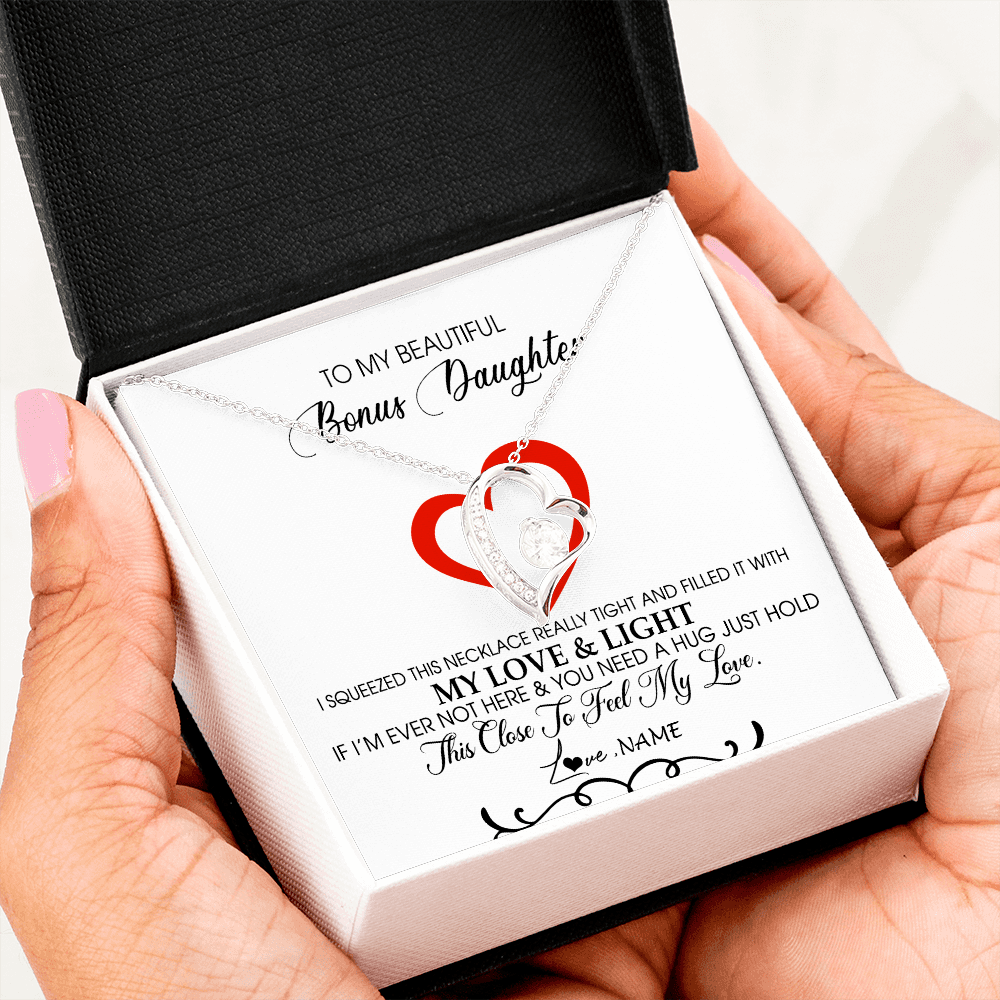 Forever Love Necklace | Personalized To My Beautiful Bonus Daughter Necklace From Stepmother Filled With My Love and Light Stepdaughter Birthday Christmas Customized Message Card | teecentury