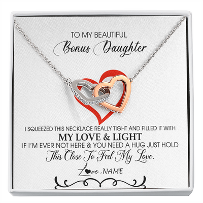 Interlocking Hearts Necklace | Personalized To My Beautiful Bonus Daughter Necklace From Stepmother Filled With My Love and Light Stepdaughter Birthday Christmas Customized Message Card | teecentury