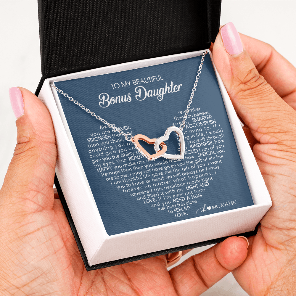 Interlocking Hearts Necklace | Personalized To My Beautiful Bonus Daughter Necklace Need A Hug Just Hold This Stepdaughter Pendant Jewelry Birthday Christmas Customized Gift Box Message Card | teecentury