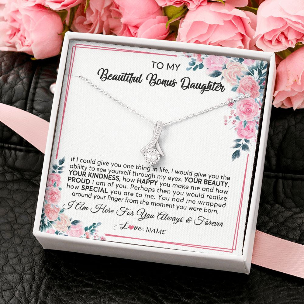 Alluring Beauty Necklace | Personalized To My Beautiful Bonus Daughter Necklace from Stepmother I Am Here For You Floral Stepdaughter Birthday Christmas Customized Gift Box Message Card | teecentury