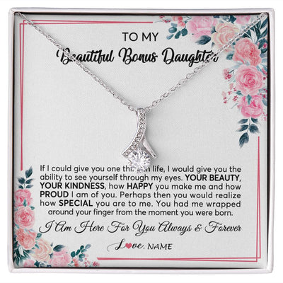 Alluring Beauty Necklace | Personalized To My Beautiful Bonus Daughter Necklace from Stepmother I Am Here For You Floral Stepdaughter Birthday Christmas Customized Gift Box Message Card | teecentury