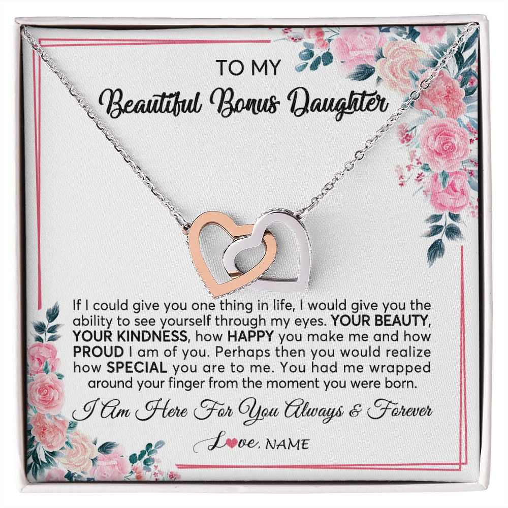 Interlocking Hearts Necklace | Personalized To My Beautiful Bonus Daughter Necklace from Stepmother I Am Here For You Floral Stepdaughter Birthday Christmas Customized Gift Box Message Card | teecentury