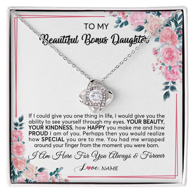 Love Knot Necklace | Personalized To My Beautiful Bonus Daughter Necklace from Stepmother I Am Here For You Floral Stepdaughter Birthday Christmas Customized Gift Box Message Card | teecentury