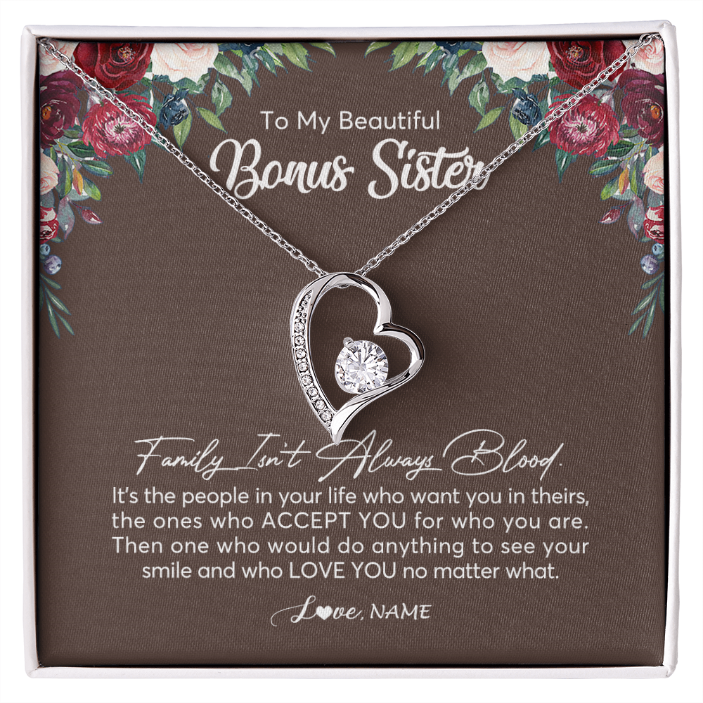 Forever Love Necklace | Personalized To My Beautiful Bonus Sister Necklace Family Itn't Always Blood Sister In Law Jewelry Birthday Wedding Christmas Customized Gift Box Message Card | teecentury
