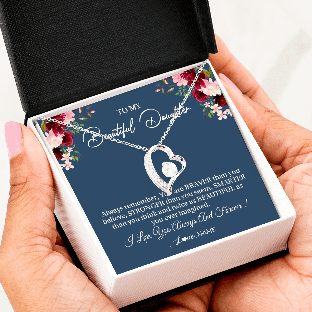 Forever Love Necklace | Personalized To My Beautiful Daughter Necklace From Dad Mom Braver Stronger Smarter Daughter Jewelry Birthday Graduation Christmas Customized Message Card | teecentury