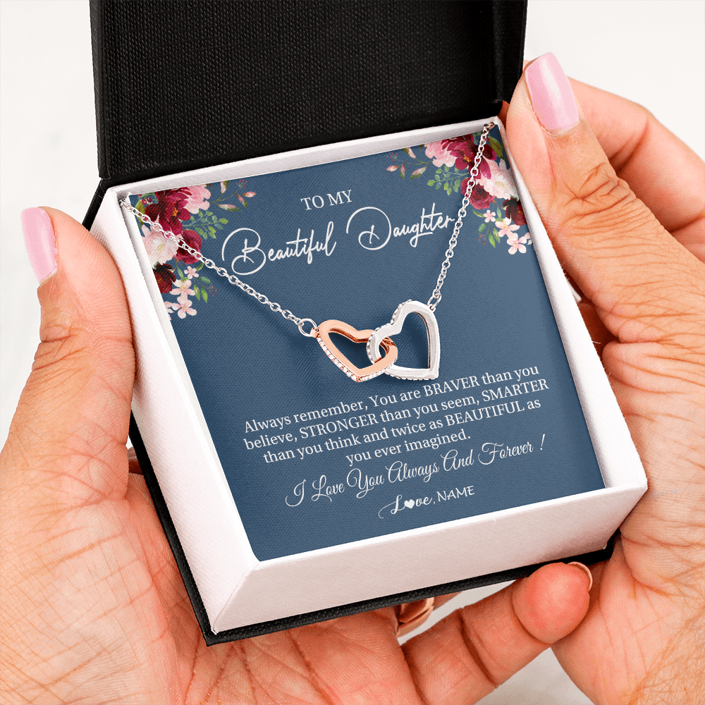 Interlocking Hearts Necklace | Personalized To My Beautiful Daughter Necklace From Dad Mom Braver Stronger Smarter Daughter Jewelry Birthday Graduation Christmas Customized Message Card | teecentury