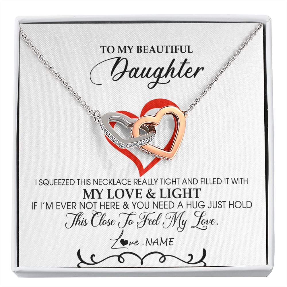 Interlocking Hearts Necklace | Personalized To My Beautiful Daughter Necklace From Dad Mom Filled With My Love and Light Daughter Jewelry Birthday Christmas Customized Message Card | teecentury