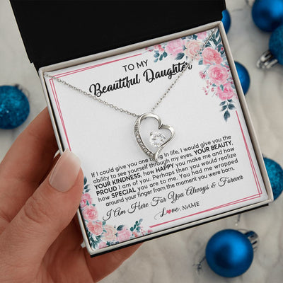Forever Love Necklace | Personalized To My Beautiful Daughter Necklace from Mom Dad I Am Here For You Floral Daughter Birthday Graduation Christmas Customized Gift Box Message Card | teecentury