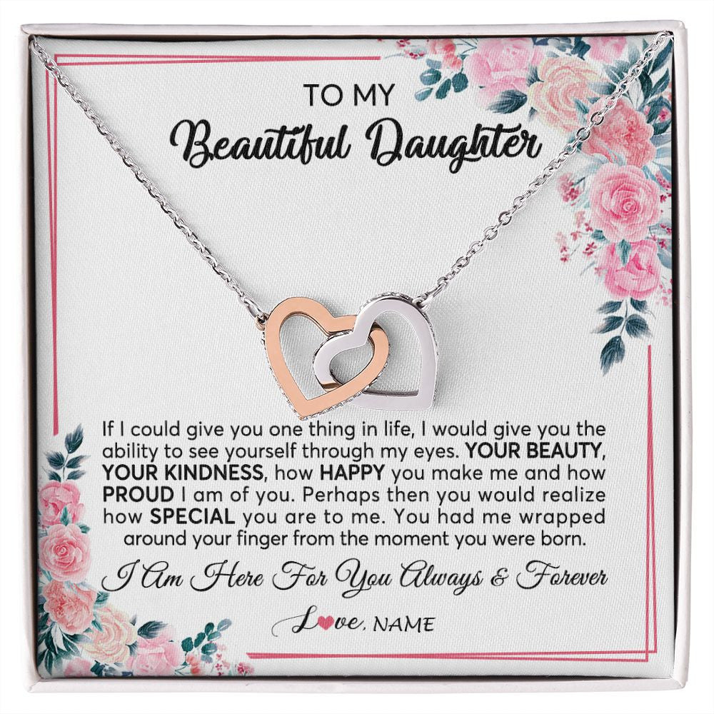 Interlocking Hearts Necklace | Personalized To My Beautiful Daughter Necklace from Mom Dad I Am Here For You Floral Daughter Birthday Graduation Christmas Customized Gift Box Message Card | teecentury