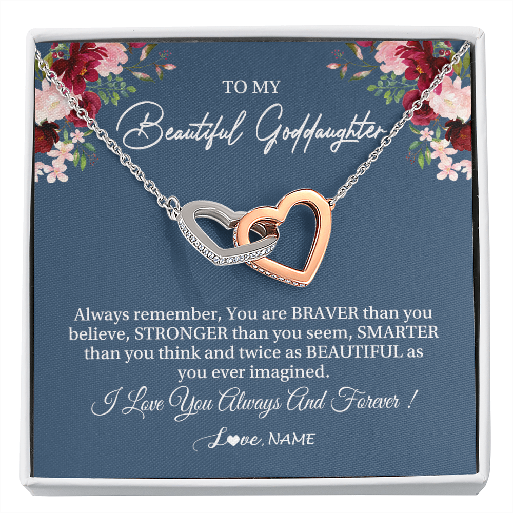 Interlocking Hearts Necklace | Personalized To My Beautiful Goddaughter Necklace From Godmother Braver Stronger Smarter Goddaughter Pendant Jewelry Birthday Christmas Customized Message Card | teecentury