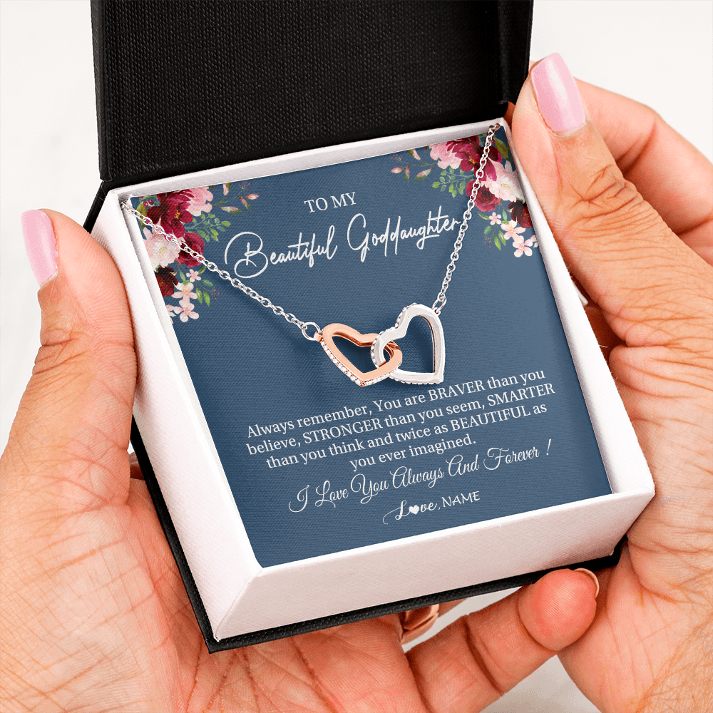 Interlocking Hearts Necklace | Personalized To My Beautiful Goddaughter Necklace From Godmother Braver Stronger Smarter Goddaughter Pendant Jewelry Birthday Christmas Customized Message Card | teecentury