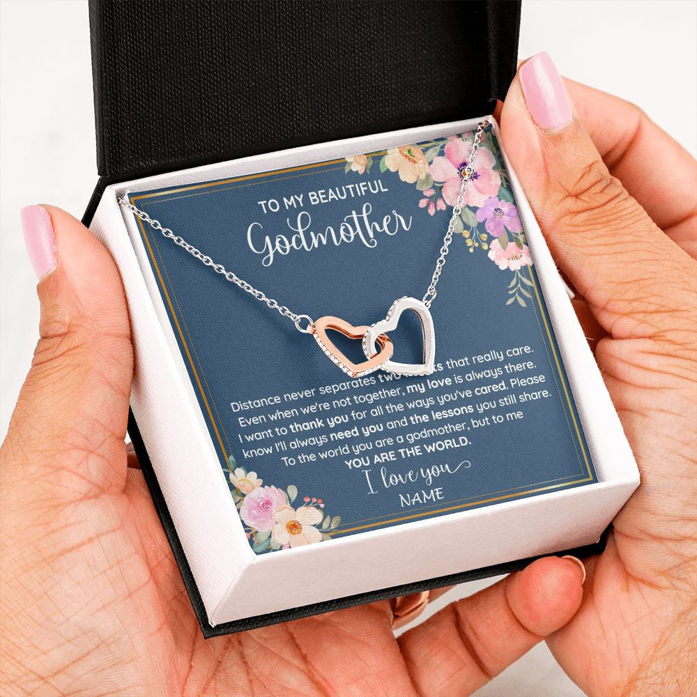 Interlocking Hearts Necklace | Personalized To My Beautiful Godmother Necklace From Niece You Are The World Godmother Birthday Mothers Day Christmas Customized Gift Box Message Card | teecentury