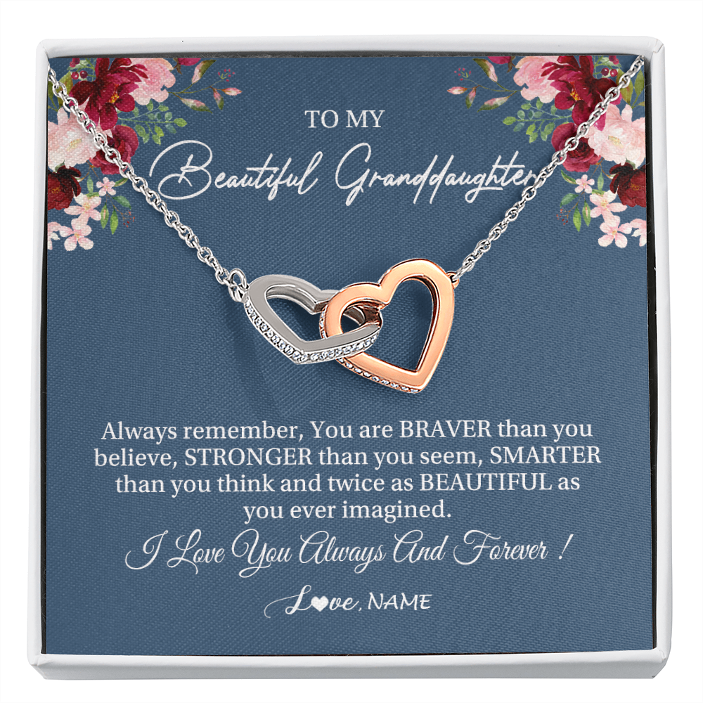 Interlocking Hearts Necklace | Personalized To My Beautiful Granddaughter Necklace From Grandma Braver Stronger Smarter Granddaughter Jewelry Birthday Christmas Customized Message Card | teecentury