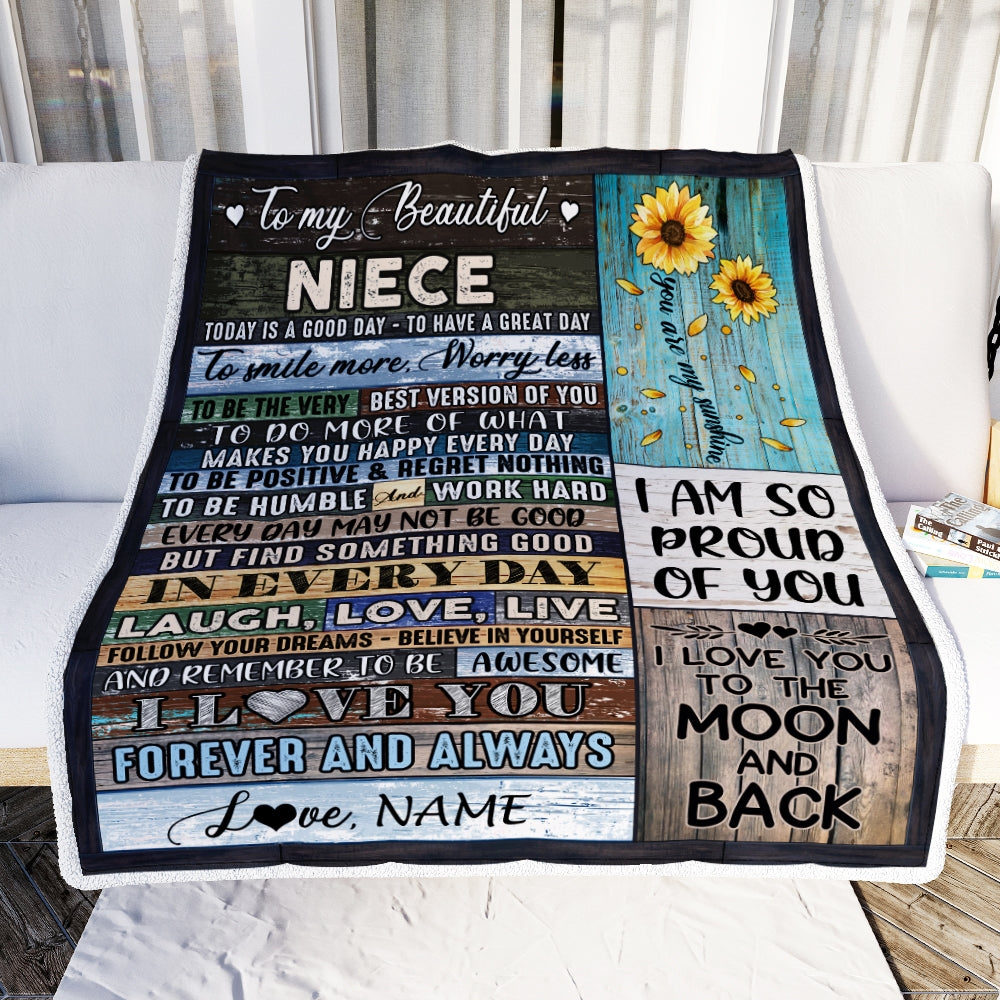 Personalized To My Beautiful Niece Blanket From Aunt Auntie Uncle Is A Good Day To Have A Great Day Wood Birthday Christmas Customized Fleece Blanket Blanket | Teecentury.com