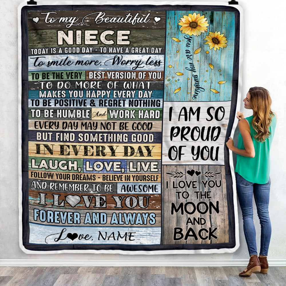 Personalized To My Beautiful Niece Blanket From Aunt Auntie Uncle Is A Good Day To Have A Great Day Wood Birthday Christmas Customized Fleece Blanket Blanket | Teecentury.com