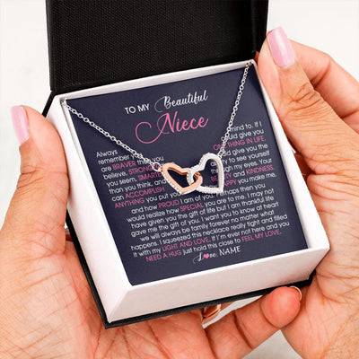 Interlocking Hearts Necklace | Personalized To My Beautiful Niece Necklace From Aunt Uncle Auntie Feel My Love Niece Birthday Christmas Graduation Jewelry Customized Gift Box Message Card | teecentury