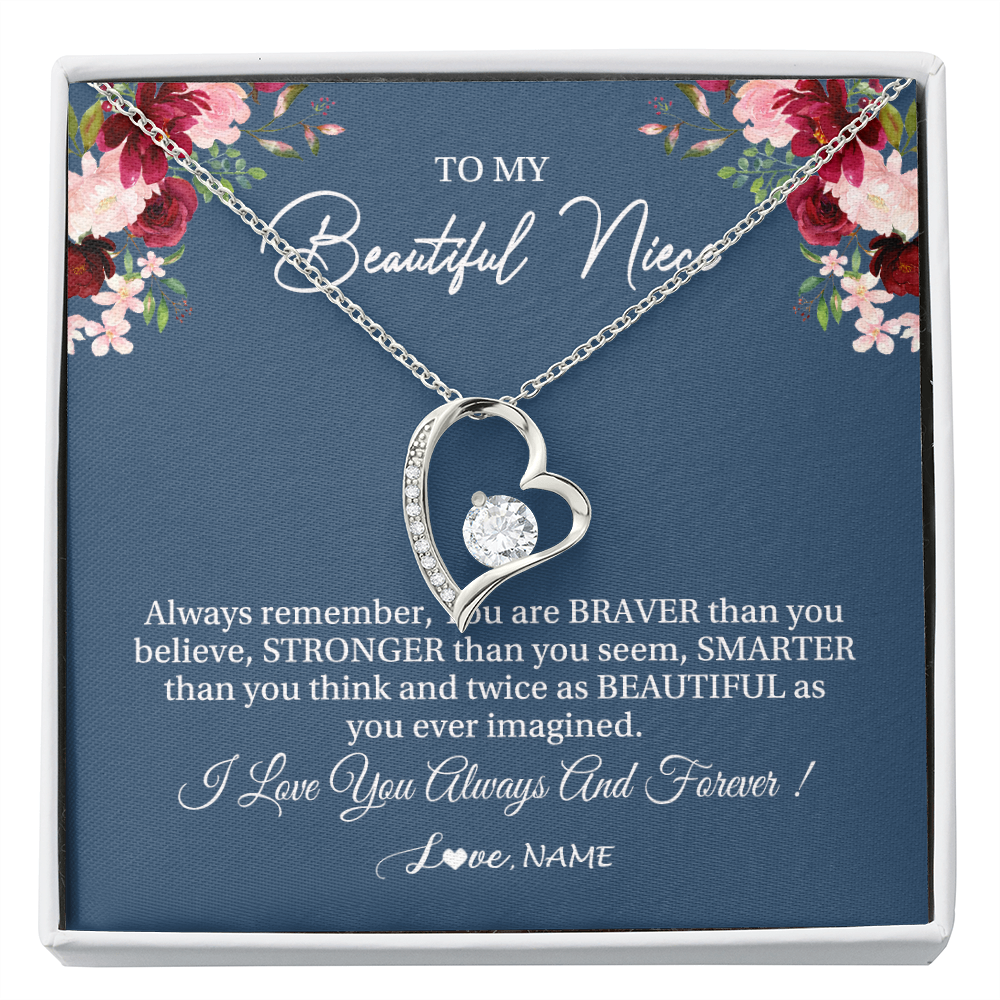 Forever Love Necklace | Personalized To My Beautiful Niece Necklace From Aunt Uncle Braver Stronger Smarter Niece Pendant Jewelry Birthday Graduation Christmas Customized Message Card | teecentury