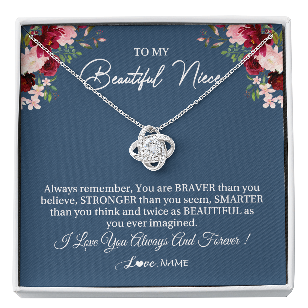 Love Knot Necklace | Personalized To My Beautiful Niece Necklace From Aunt Uncle Braver Stronger Smarter Niece Pendant Jewelry Birthday Graduation Christmas Customized Message Card | teecentury