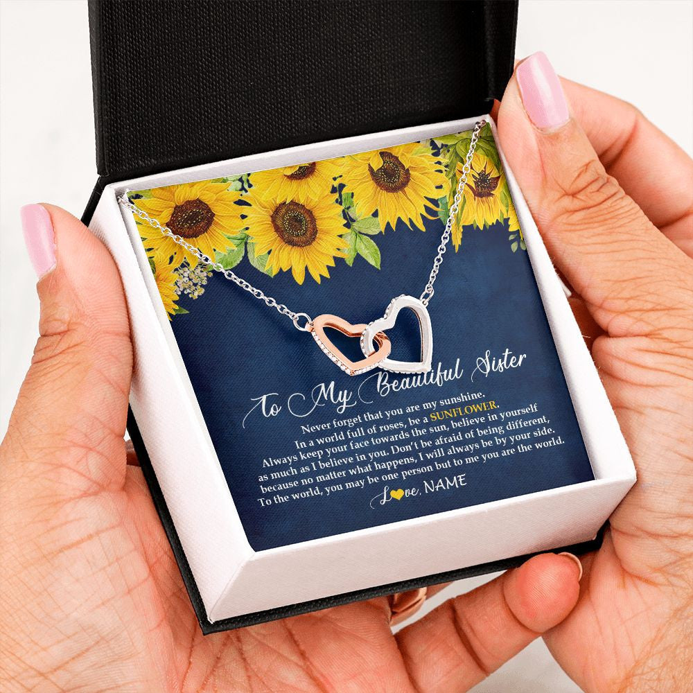 Interlocking Hearts Necklace | Personalized To My Beautiful Sister Necklace From Sister Brother Be A Sunflower My Sunshine Sister Birthday Christmas Customized Gift Box Message Card | teecentury