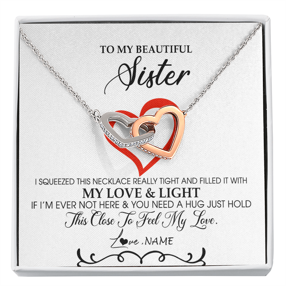 Interlocking Hearts Necklace | Personalized To My Beautiful Sister Necklace From Sister Brother Filled With My Love and Light Sister Pendant Jewelry Birthday Christmas Customized Message Card | teecentury
