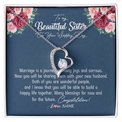 Forever Love Necklace | Personalized To My Beautiful Sister Necklace On Her Wedding Day Congratulations Jewelry Sister Birthday Anniversary Christmas Customized Gift Box Message Card | teecentury