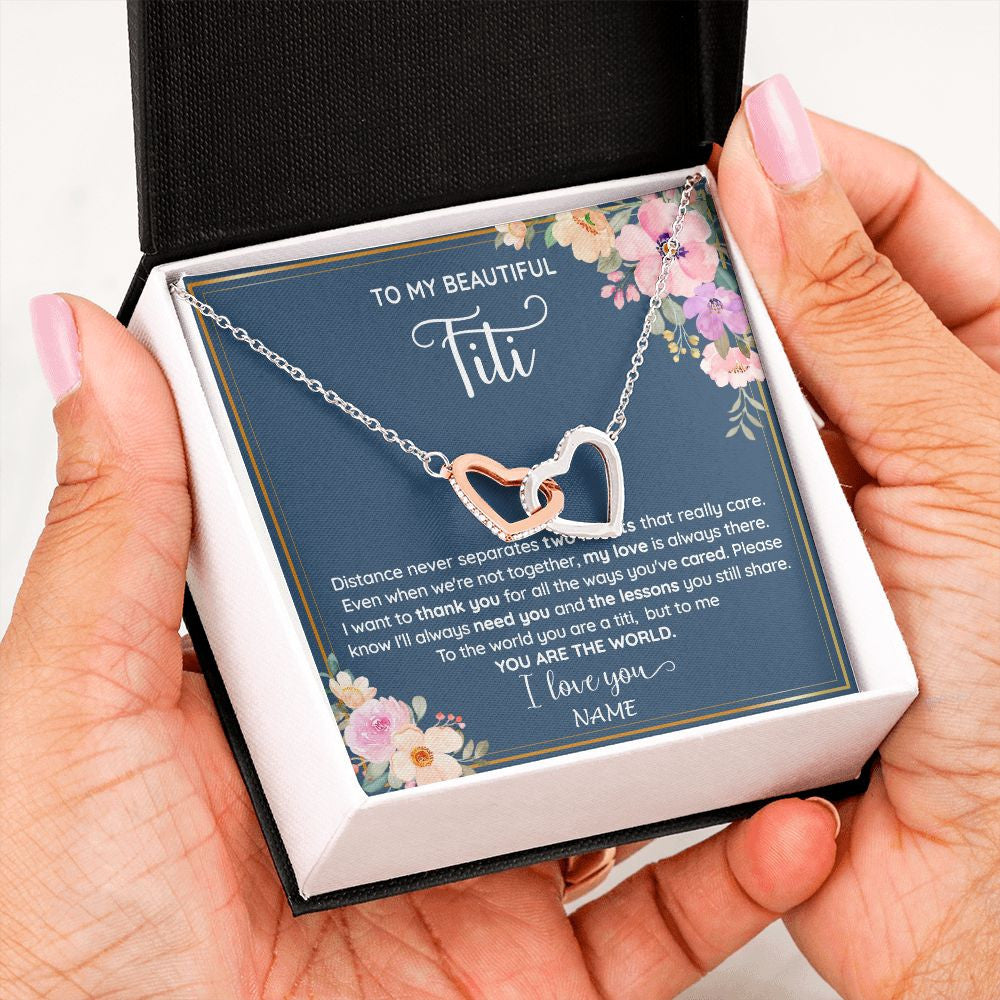 Interlocking Hearts Necklace | Personalized To My Beautiful Titi Necklace From Niece Nephew You Are The World Titi Birthday Mothers Day Christmas Jewelry Customized Gift Box Message Card | teecentury