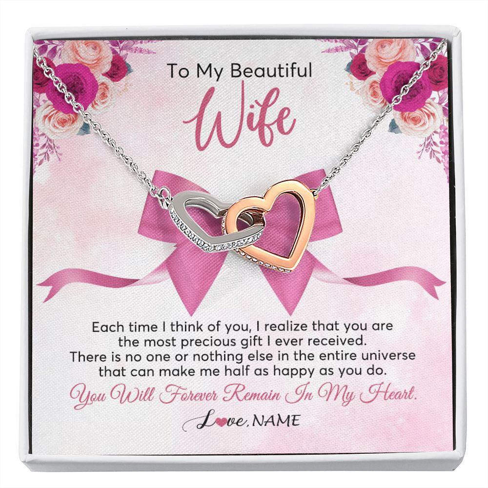 Interlocking Hearts Necklace | Personalized To My Beautiful Wife Necklace From Husband Forever In My Heart Wife Birthday Anniversary Wedding Valentines Day Customized Gift Box Message Card | teecentury