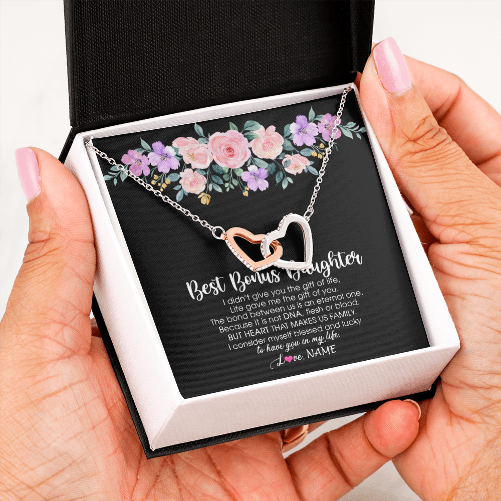 Interlocking Hearts Necklace | Personalized To My Best Bonus Daughter Necklace From Bonus Mom Life Gave Me The Gift Of You Step Daughter Jewelry Birthday Christmas Customized Message Card | teecentury