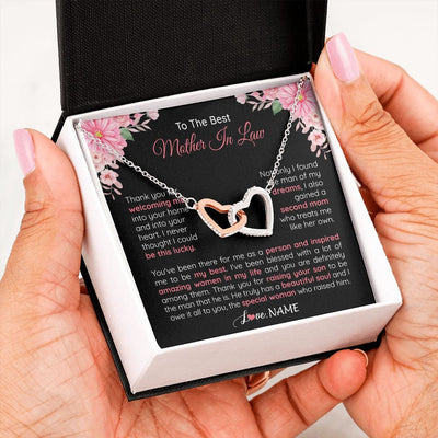 Interlocking Hearts Necklace | Personalized To My Best Mother In Law Necklace From Daugter In Law Thank You Husband Mom Mother Birthday Wedding Day Christmas Customized Gift Box Message Card | teecentury