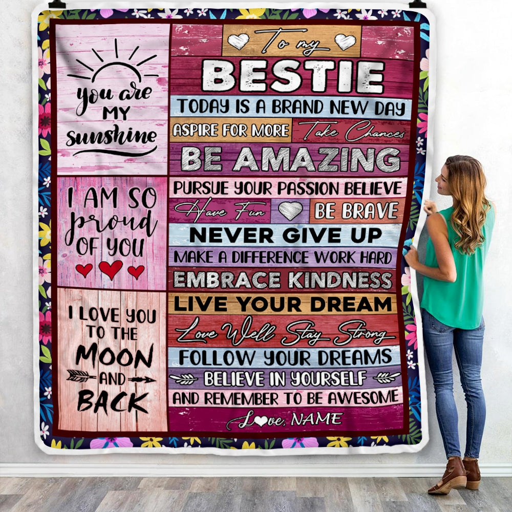 Personalized To My Bestie Blanket From Best Friend Sister Never Give Up Live Your Dream Pink Wood Bestie Birthday Christmas Customized Fleece Blanket | teecentury