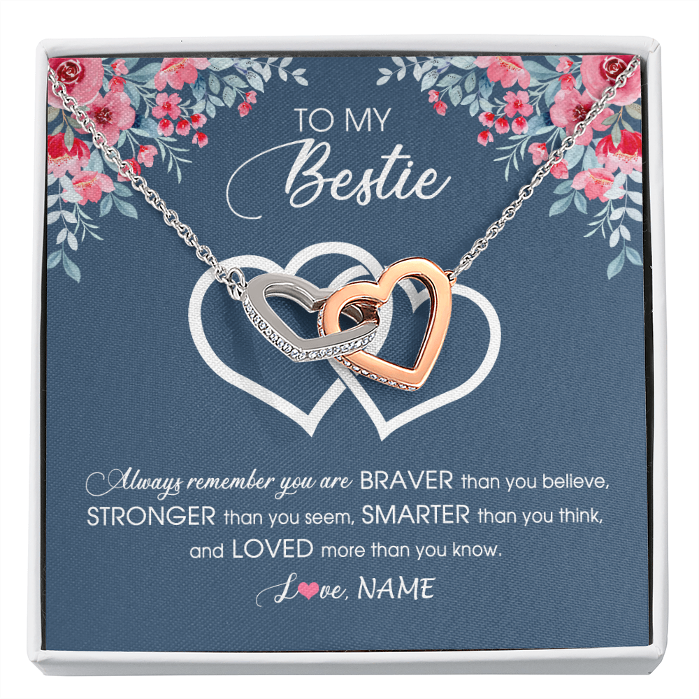 Interlocking Hearts Necklace | Personalized To My Bestie Necklace From Friend Sister Braver Stronger Smarter Loved Best Friend Jewelry Birthday Graduation Christmas Customized Message Card | teecentury
