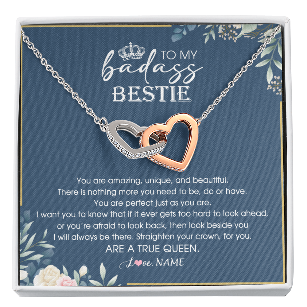 Interlocking Hearts Necklace | Personalized To My Bestie Necklace From Friend Sister Straighten Your Crown Queen Sister Pendant Jewelry Birthday Christmas Customized Gift Box Message Card | teecentury
