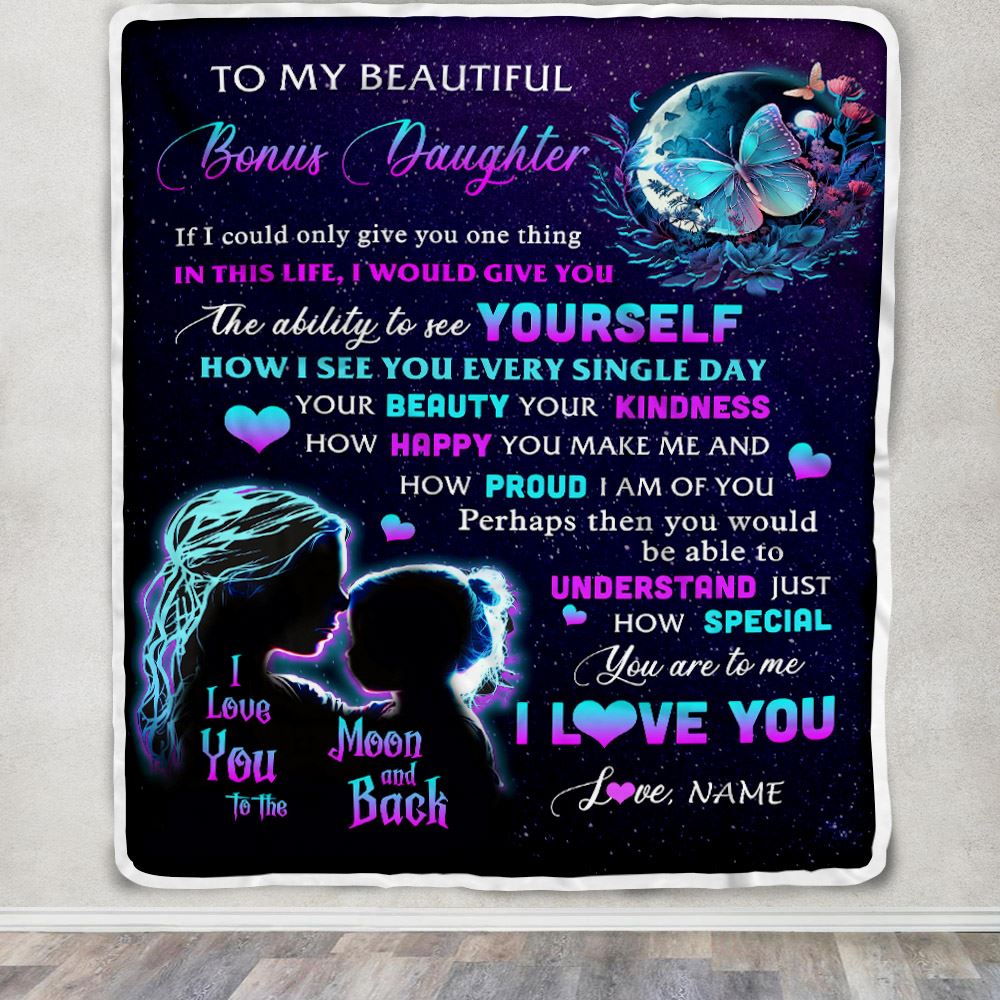 Personalized To My Bonus Daughter Blanket From Mom Butterfly Kindness Happy Beautiful Stepdaughter Birthday Graduation Christmas Customized Fleece Blanket | teecentury