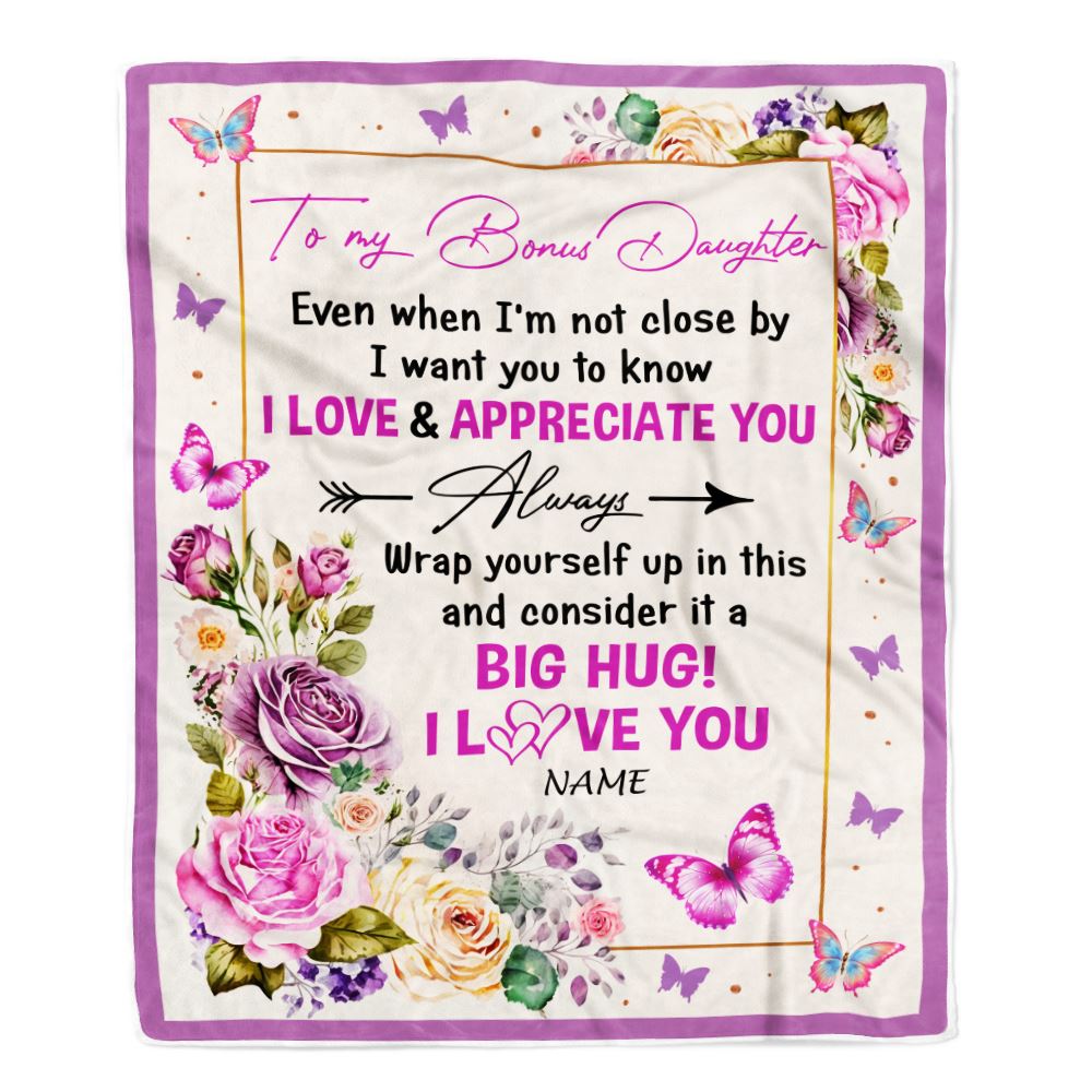 Personalized To My Bonus Daughter Blanket From Mom It A Big Hug Butterfly Rose Bonus Daughter Birthday Thanksgiving Christmas Customized Fleece Throw Blanket | teecentury