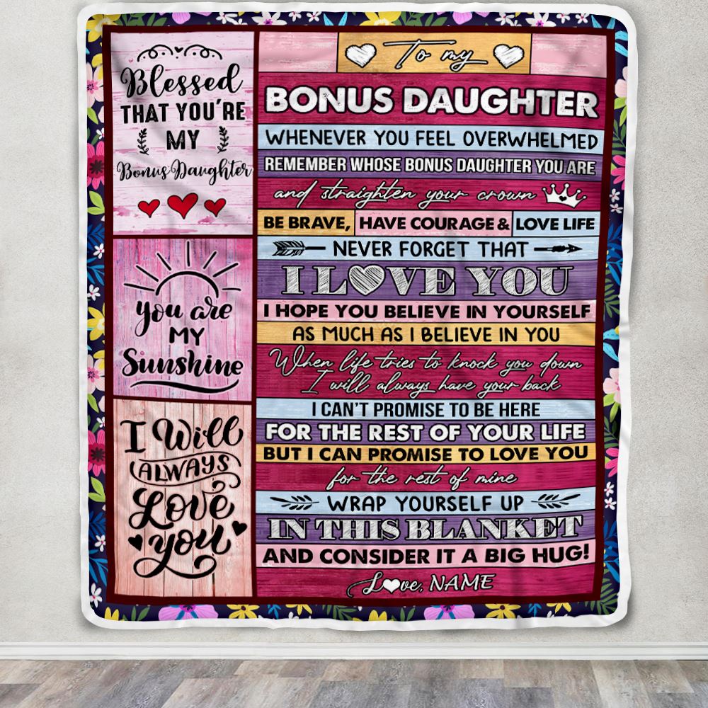 Personalized To My Bonus Daughter Blanket From Mom Wood Be Brave Have Courage Love Life Stepdaughter Birthday Christmas Customized Fleece Blanket | teecentury