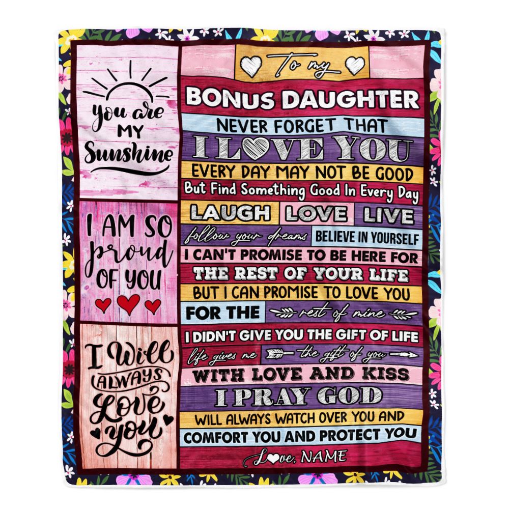 Personalized To My Bonus Daughter Blanket From Mom Wood You Are My Sunshine I Love You Birthday Graduation Christmas Customized Bed Fleece Throw Blanket | teecentury