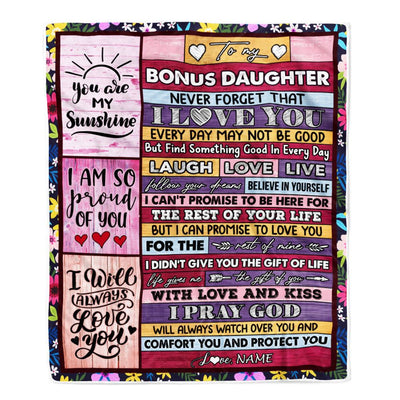Personalized To My Bonus Daughter Blanket From Mom Wood You Are My Sunshine I Love You Birthday Graduation Christmas Customized Bed Fleece Throw Blanket | teecentury